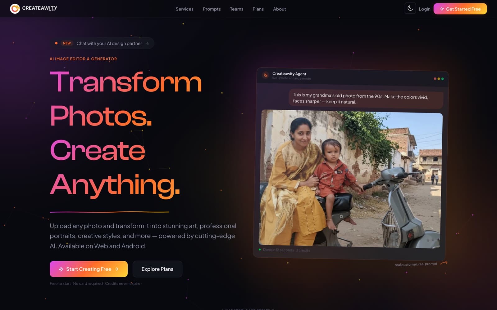 createawity.art: the Createawity Agent enhancing a customer's old family photo from a plain-English instruction — done in 12 seconds for 3 credits